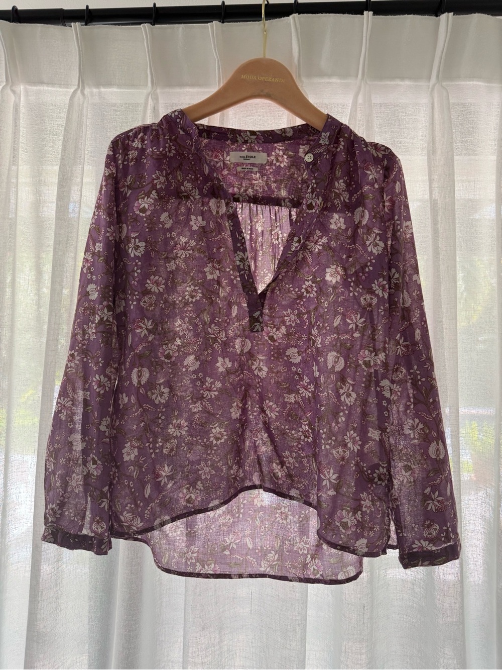 Isabel Marant Etoile cotton Purple Floral V-Neck Peasant Blouse sz 34 xs-s